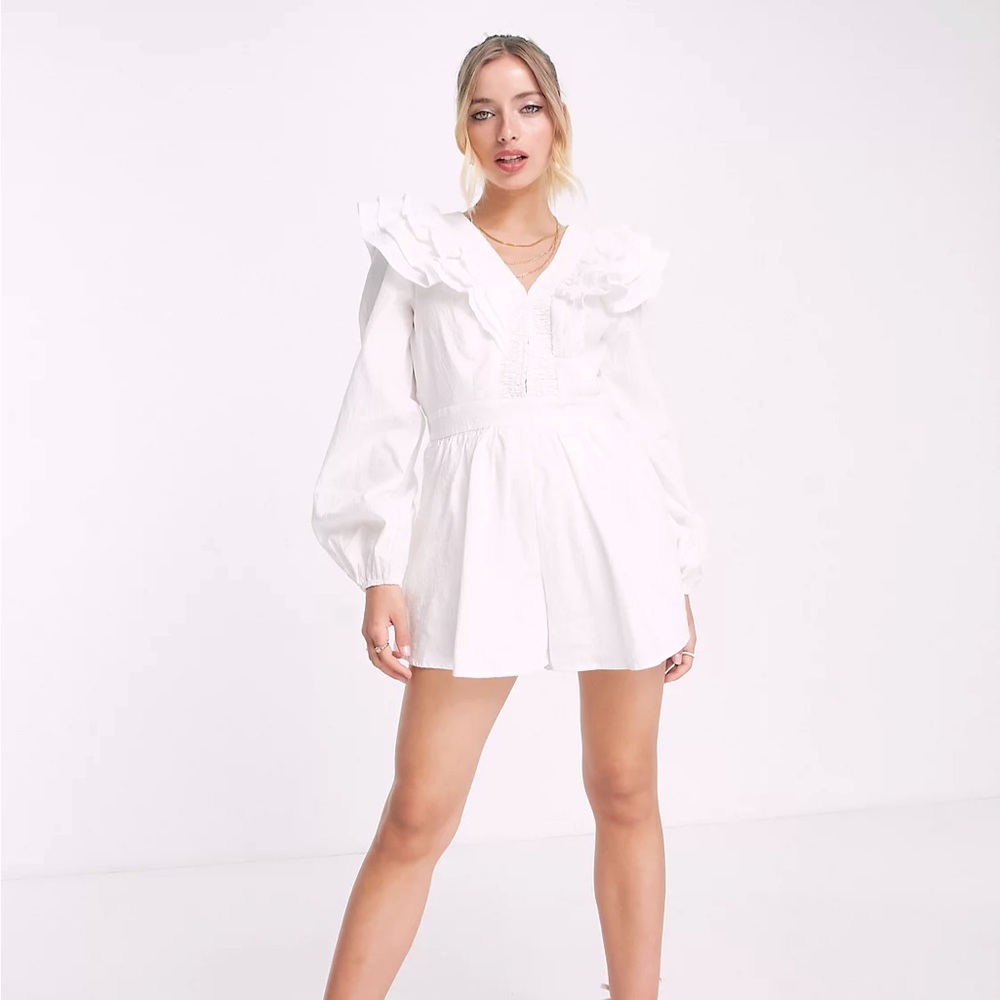 In The Style x Lorna Luxe exaggerated frill detail volume sleeve romper ASOS